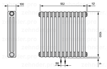 Схема (чертеж) Радиатор Zehnder Charleston 3100/12 №5410 Белый глянцевый RAL 9016